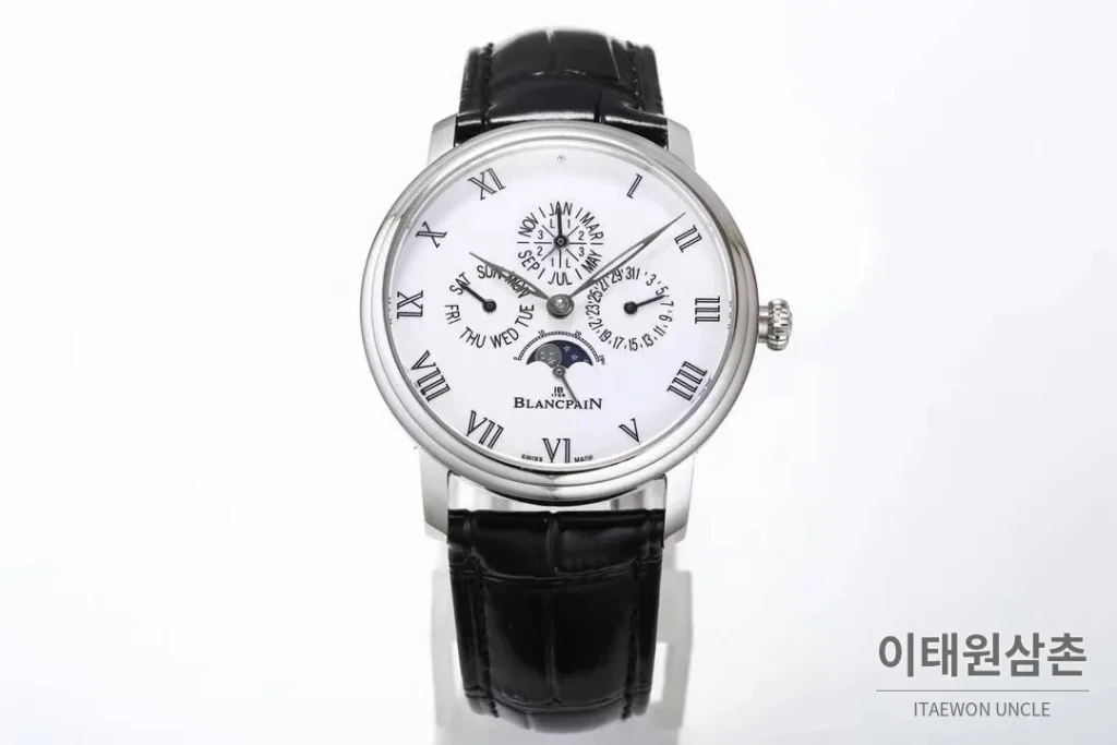 블랑팡 빌레레 퍼페추얼 캘린더 문페이즈 화이트다이얼 오토매틱 42mm 블랙 가죽 스트랩