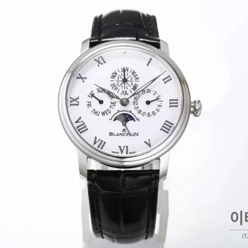 블랑팡 빌레레 퍼페추얼 캘린더 문페이즈 화이트다이얼 오토매틱 42mm 블랙 가죽 스트랩