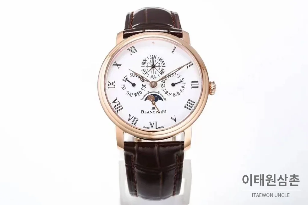 블랑팡 빌레레 퍼페추얼 캘린더 문페이즈 화이트다이얼 오토매틱 42mm 브라운 가죽 스트랩