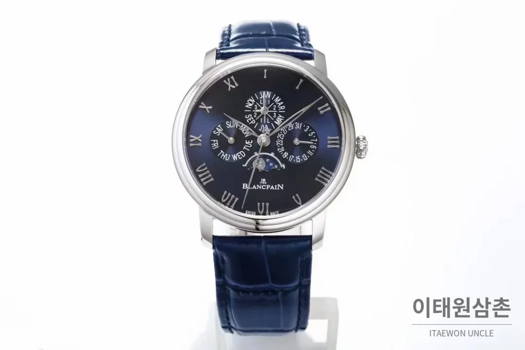 블랑팡 빌레레 퍼페추얼 캘린더 문페이즈 화이트다이얼 오토매틱 42mm 네이비 가죽 스트랩