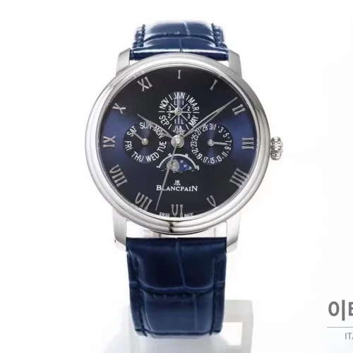 블랑팡 빌레레 퍼페추얼 캘린더 문페이즈 화이트다이얼 오토매틱 42mm 네이비 가죽 스트랩