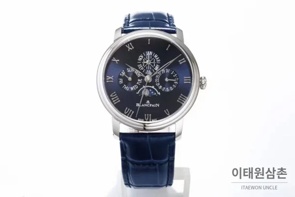 블랑팡 빌레레 퍼페추얼 캘린더 문페이즈 화이트다이얼 오토매틱 42mm 네이비 가죽 스트랩