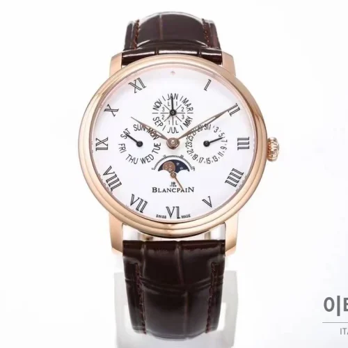 블랑팡 빌레레 퍼페추얼 캘린더 문페이즈 화이트다이얼 오토매틱 42mm 브라운 가죽 스트랩
