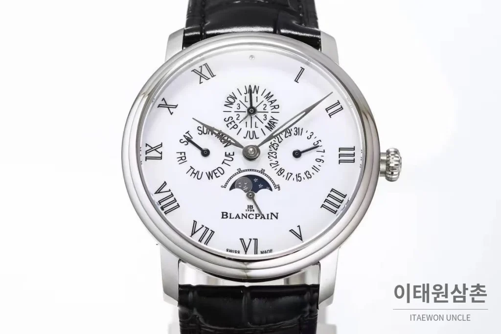 블랑팡 빌레레 퍼페추얼 캘린더 문페이즈 화이트다이얼 오토매틱 42mm 블랙 가죽 스트랩