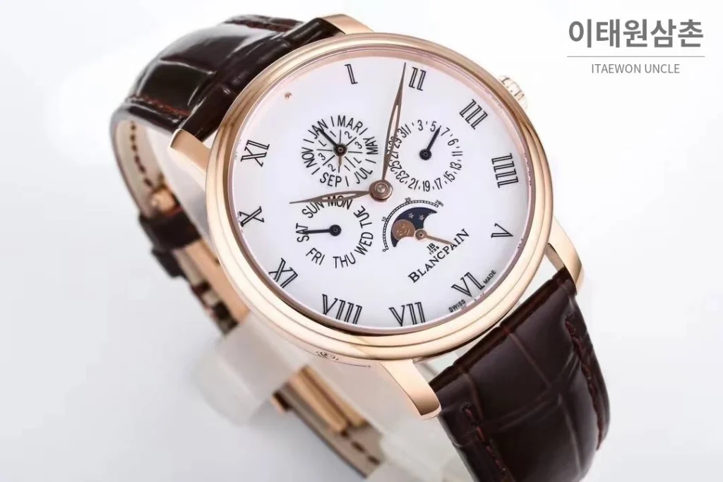 블랑팡 빌레레 퍼페추얼 캘린더 문페이즈 화이트다이얼 오토매틱 42mm 브라운 가죽 스트랩