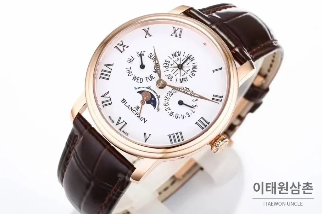 블랑팡 빌레레 퍼페추얼 캘린더 문페이즈 화이트다이얼 오토매틱 42mm 브라운 가죽 스트랩