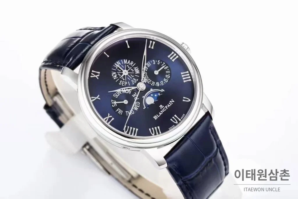 블랑팡 빌레레 퍼페추얼 캘린더 문페이즈 화이트다이얼 오토매틱 42mm 네이비 가죽 스트랩