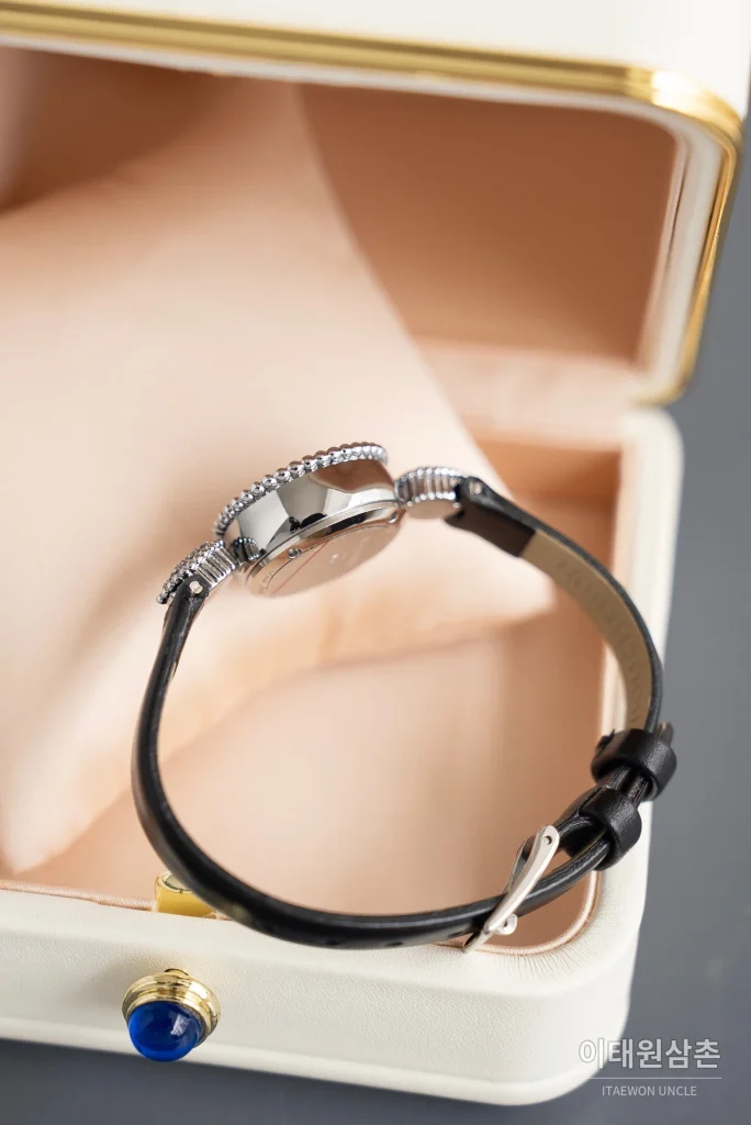 부쉐론 세르펭 보헴 자개다이얼 모이사나이트 쿼츠 워치 23mm 블랙 가죽 스트랩 실버 베젤
