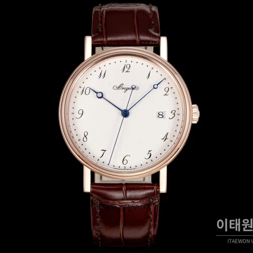 브레게 클래식 5177 에나멜 다이얼 블루핸즈 오토매틱 38mm 화이트 브라운 가죽 스트랩