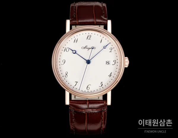 브레게 클래식 5177 에나멜 다이얼 블루핸즈 오토매틱 38mm 화이트 브라운 가죽 스트랩