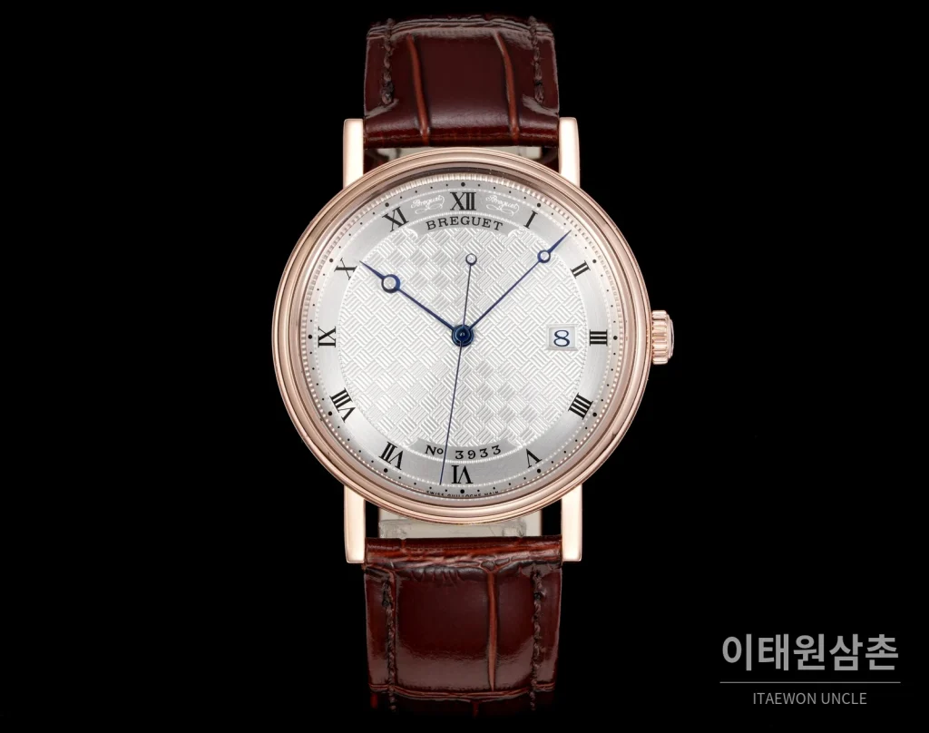 브레게 클래식 5177 에나멜 다이얼 블루핸즈 오토매틱 38mm 화이트 브라운 가죽 스트랩