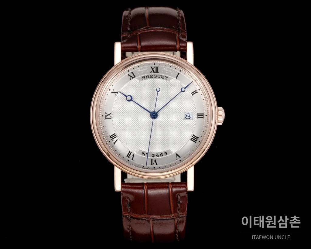 브레게 클래식 5177 에나멜 다이얼 블루핸즈 오토매틱 38mm 화이트 브라운 가죽 스트랩
