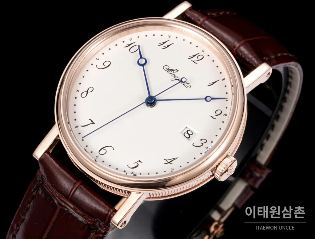 브레게 클래식 5177 에나멜 다이얼 블루핸즈 오토매틱 38mm 화이트 브라운 가죽 스트랩
