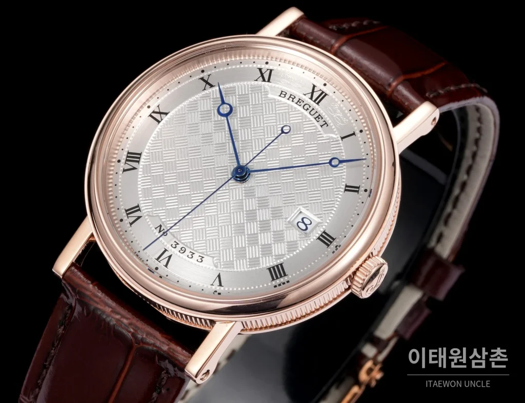 브레게 클래식 5177 에나멜 다이얼 블루핸즈 오토매틱 38mm 화이트 브라운 가죽 스트랩