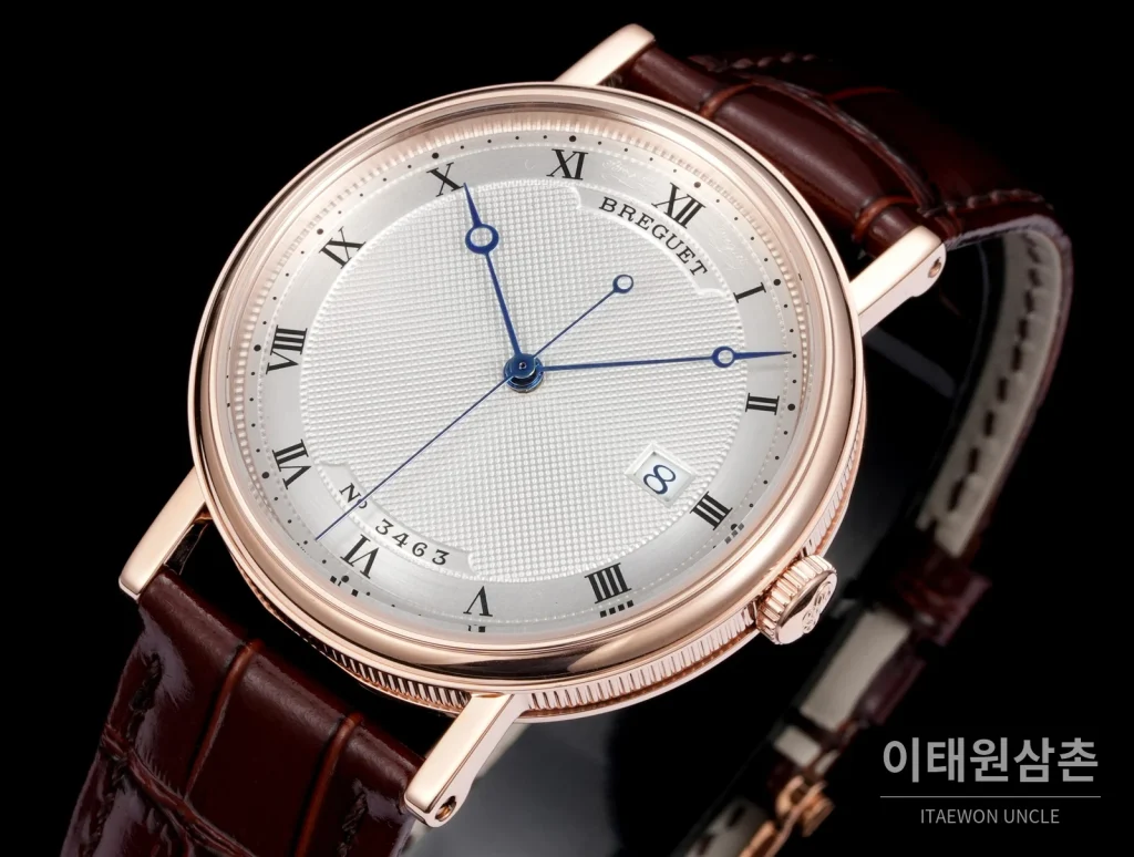 브레게 클래식 5177 에나멜 다이얼 블루핸즈 오토매틱 38mm 화이트 브라운 가죽 스트랩