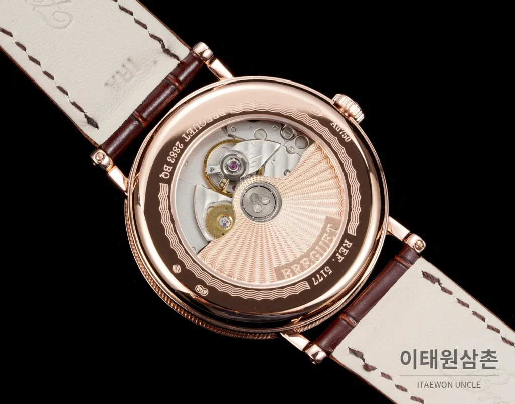 브레게 클래식 5177 에나멜 다이얼 블루핸즈 오토매틱 38mm 화이트 브라운 가죽 스트랩