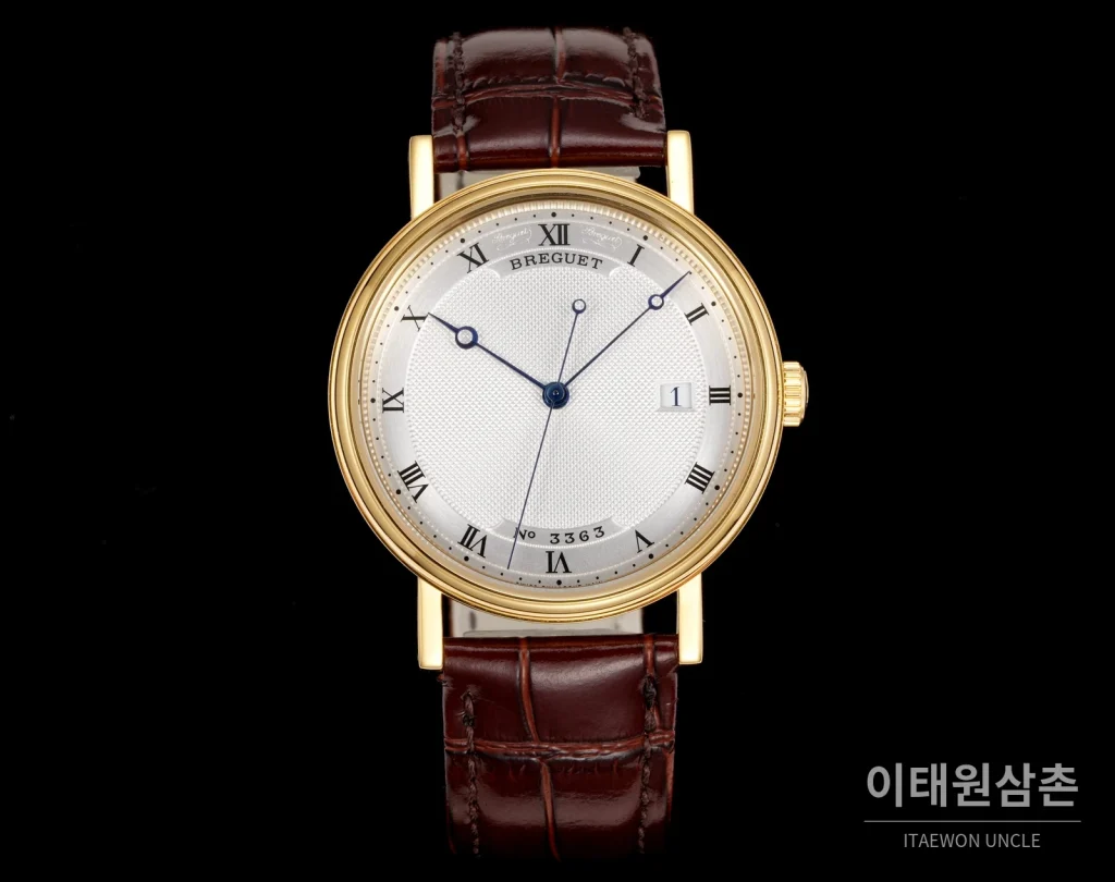 브레게 클래식 5177 스틸 에나멜 다이얼 오토매틱 38mm 화이트 브라운 가죽 스트랩