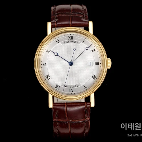 브레게 클래식 5177 스틸 에나멜 다이얼 오토매틱 38mm 화이트 브라운 가죽 스트랩