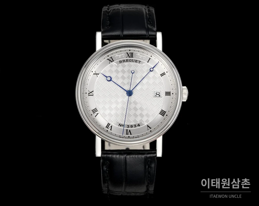 브레게 클래식 5177 스틸 에나멜 다이얼 오토매틱 38mm 화이트 블랙 가죽 스트랩