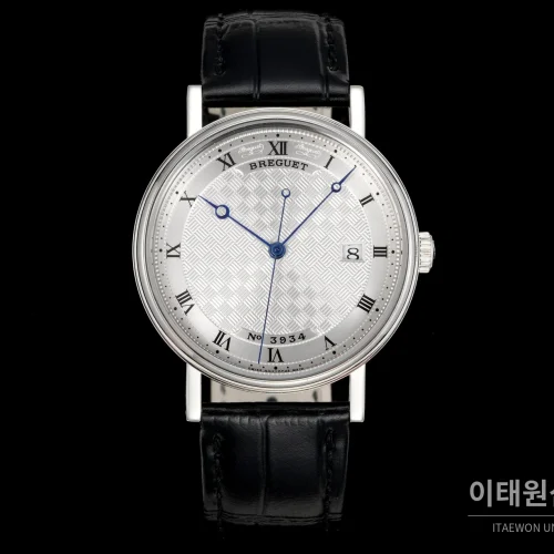 브레게 클래식 5177 스틸 에나멜 다이얼 오토매틱 38mm 화이트 블랙 가죽 스트랩