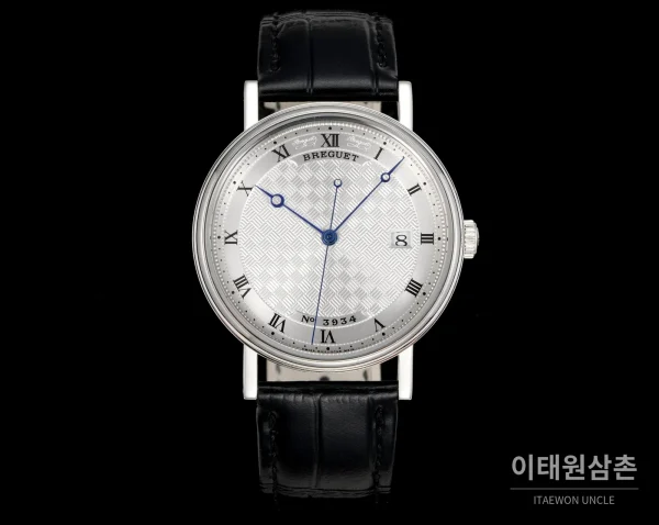 브레게 클래식 5177 스틸 에나멜 다이얼 오토매틱 38mm 화이트 블랙 가죽 스트랩