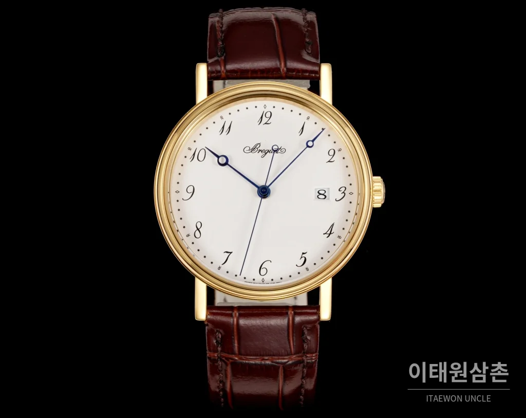 브레게 클래식 5177 스틸 에나멜 다이얼 오토매틱 38mm 화이트 브라운 가죽 스트랩