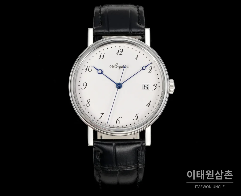 브레게 클래식 5177 스틸 에나멜 다이얼 오토매틱 38mm 화이트 블랙 가죽 스트랩
