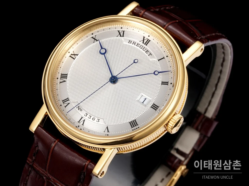 브레게 클래식 5177 스틸 에나멜 다이얼 오토매틱 38mm 화이트 브라운 가죽 스트랩