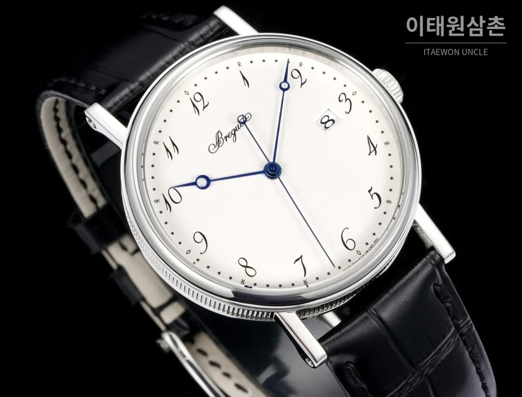 브레게 클래식 5177 스틸 에나멜 다이얼 오토매틱 38mm 화이트 블랙 가죽 스트랩