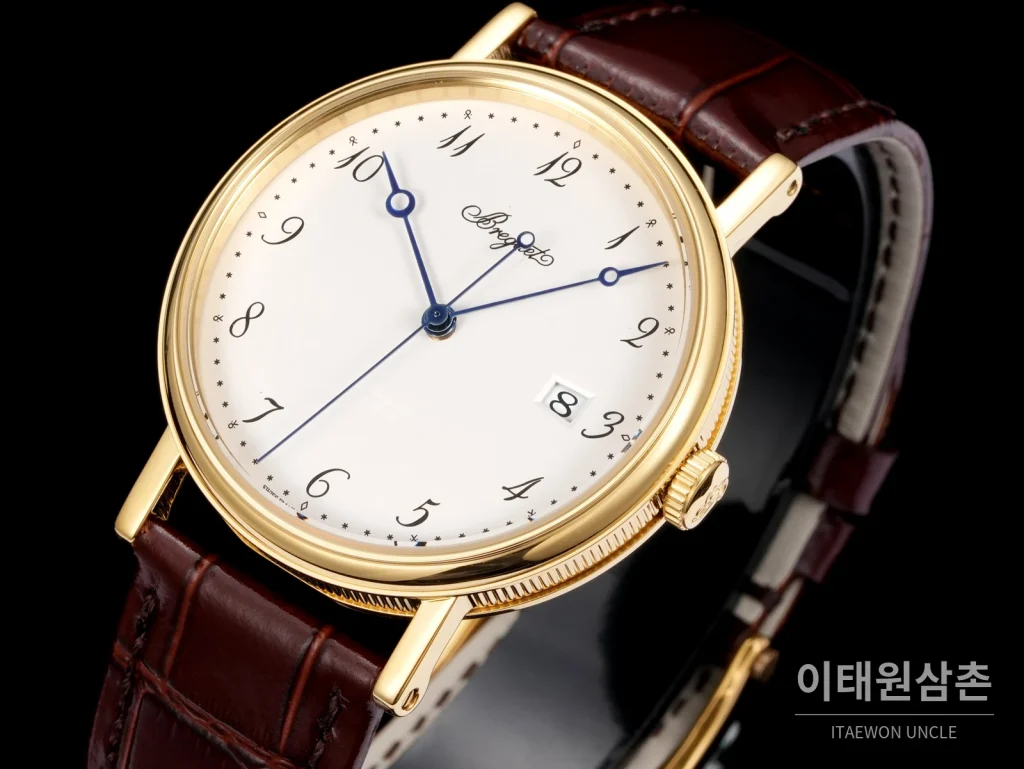 브레게 클래식 5177 스틸 에나멜 다이얼 오토매틱 38mm 화이트 브라운 가죽 스트랩