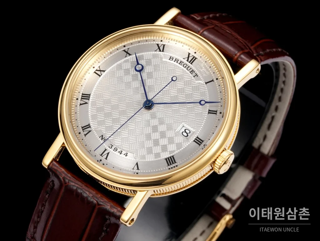 브레게 클래식 5177 스틸 에나멜 다이얼 오토매틱 38mm 화이트 브라운 가죽 스트랩
