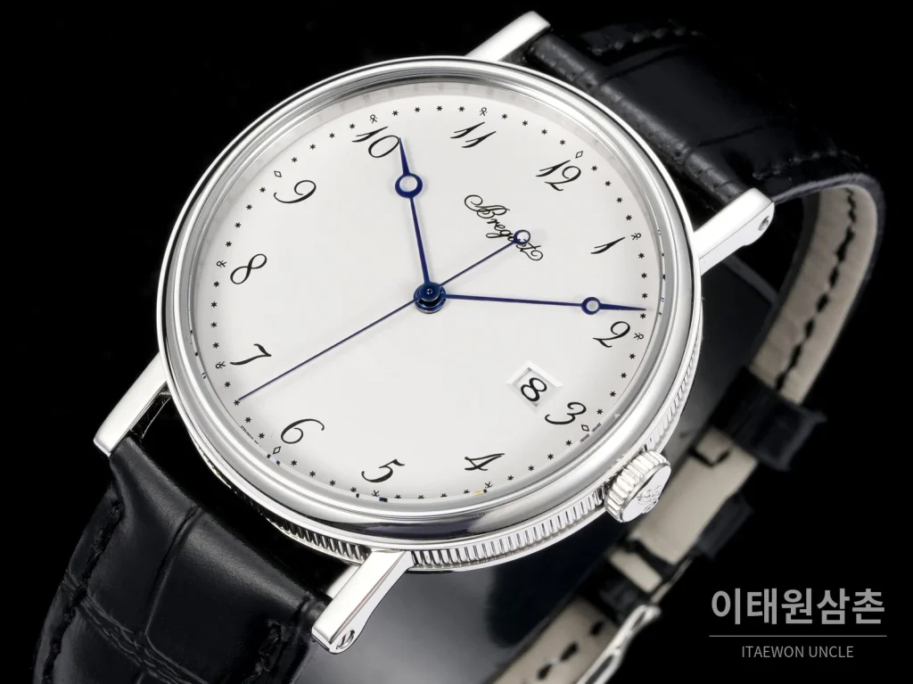 브레게 클래식 5177 스틸 에나멜 다이얼 오토매틱 38mm 화이트 블랙 가죽 스트랩