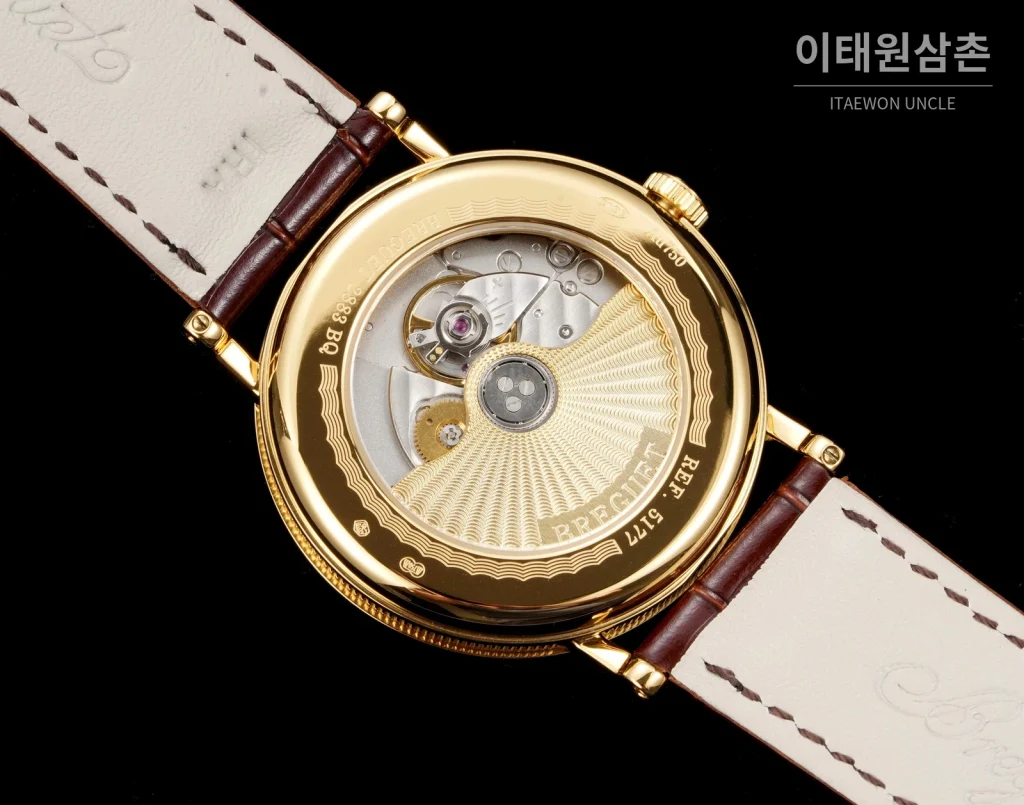 브레게 클래식 5177 스틸 에나멜 다이얼 오토매틱 38mm 화이트 브라운 가죽 스트랩