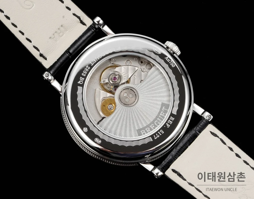 브레게 클래식 5177 스틸 에나멜 다이얼 오토매틱 38mm 화이트 블랙 가죽 스트랩