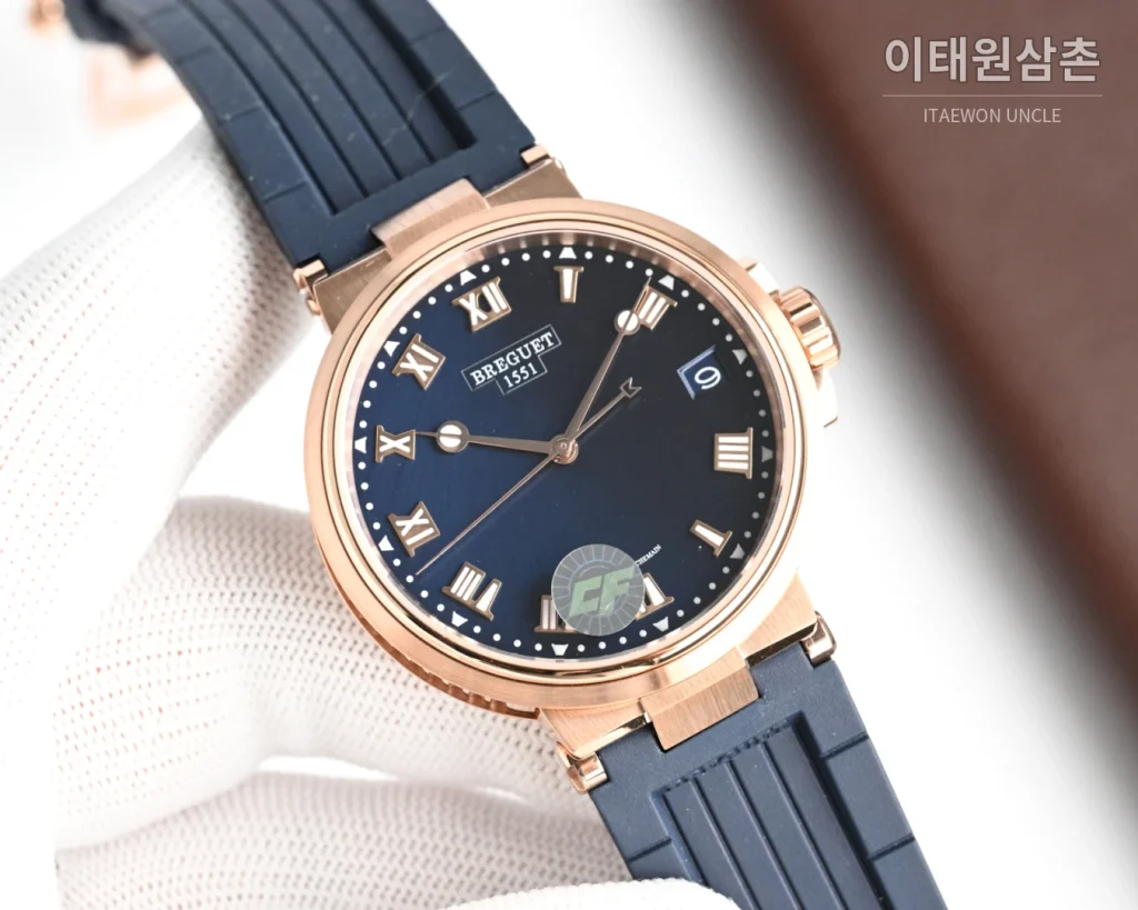 브레게 마린 오토매틱 40mm 네이비 다이얼 네이비 러버 스트랩 로즈골드 베젤