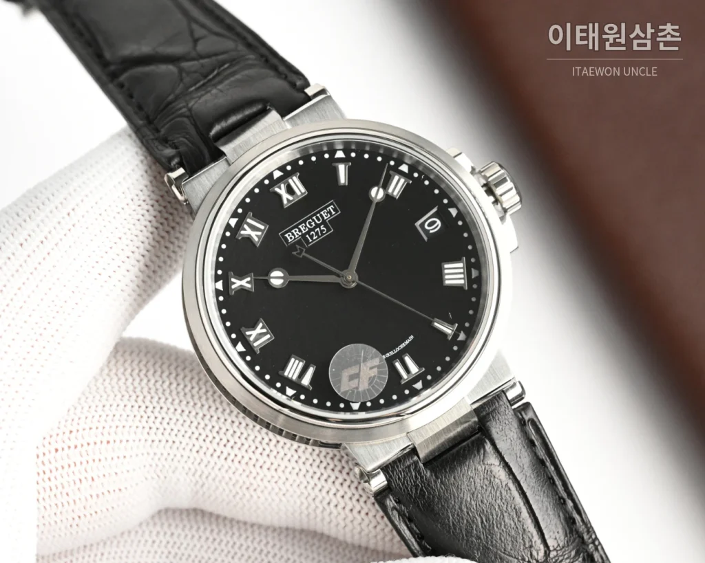 브레게 마린 오토매틱 40mm 블랙 다이얼 블랙 가죽 스트랩