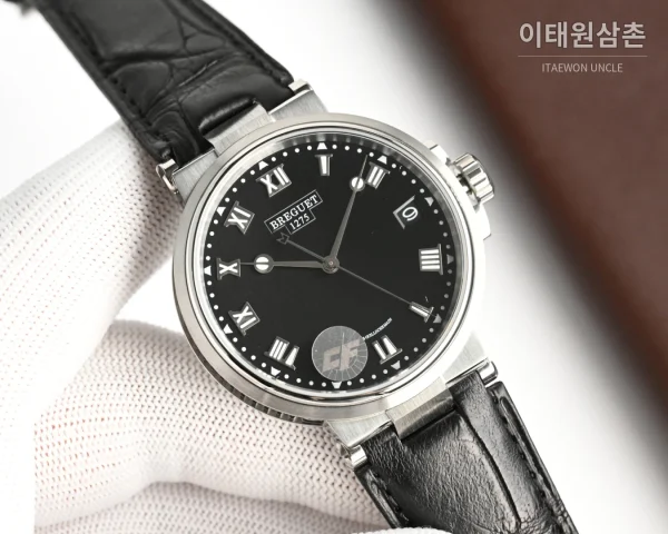 브레게 마린 오토매틱 40mm 블랙 다이얼 블랙 가죽 스트랩