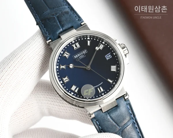 브레게 마린 오토매틱 40mm 네이비 다이얼 블루 가죽 스트랩