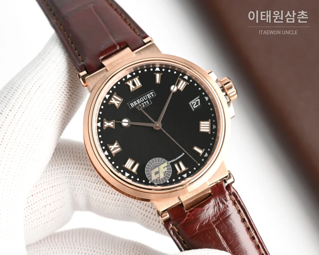 브레게 마린 오토매틱 40mm 블랙 다이얼 버건디 가죽 스트랩 로즈골드 케이스