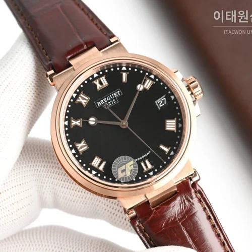 브레게 마린 오토매틱 40mm 블랙 다이얼 버건디 가죽 스트랩 로즈골드 케이스 브레게 마린 오토매틱 40mm 블랙 다이얼 버건디 가죽 스트랩 로즈골드 케이스