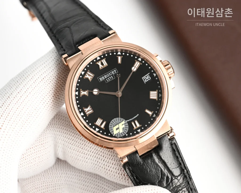 브레게 마린 오토매틱 40mm 블랙 다이얼 블랙 가죽 스트랩 로즈골드 케이스
