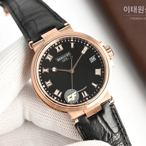 브레게 마린 오토매틱 40mm 블랙 다이얼 블랙 가죽 스트랩 로즈골드 케이스 브레게 마린 오토매틱 40mm 블랙 다이얼 블랙 가죽 스트랩 로즈골드 케이스