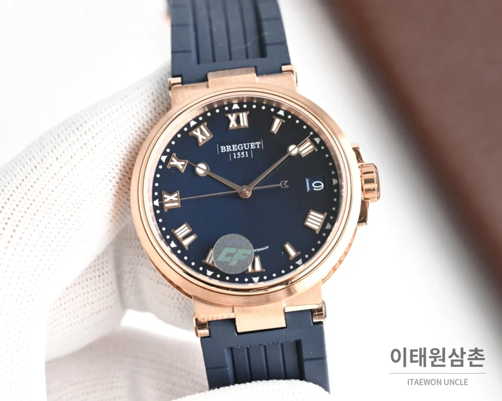 브레게 마린 오토매틱 40mm 네이비 다이얼 네이비 러버 스트랩 로즈골드 베젤