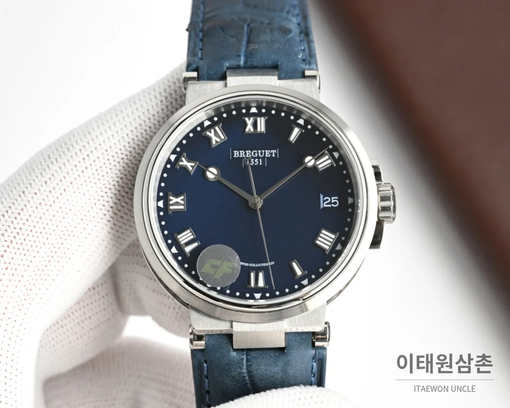 브레게 마린 오토매틱 40mm 네이비 다이얼 블루 가죽 스트랩