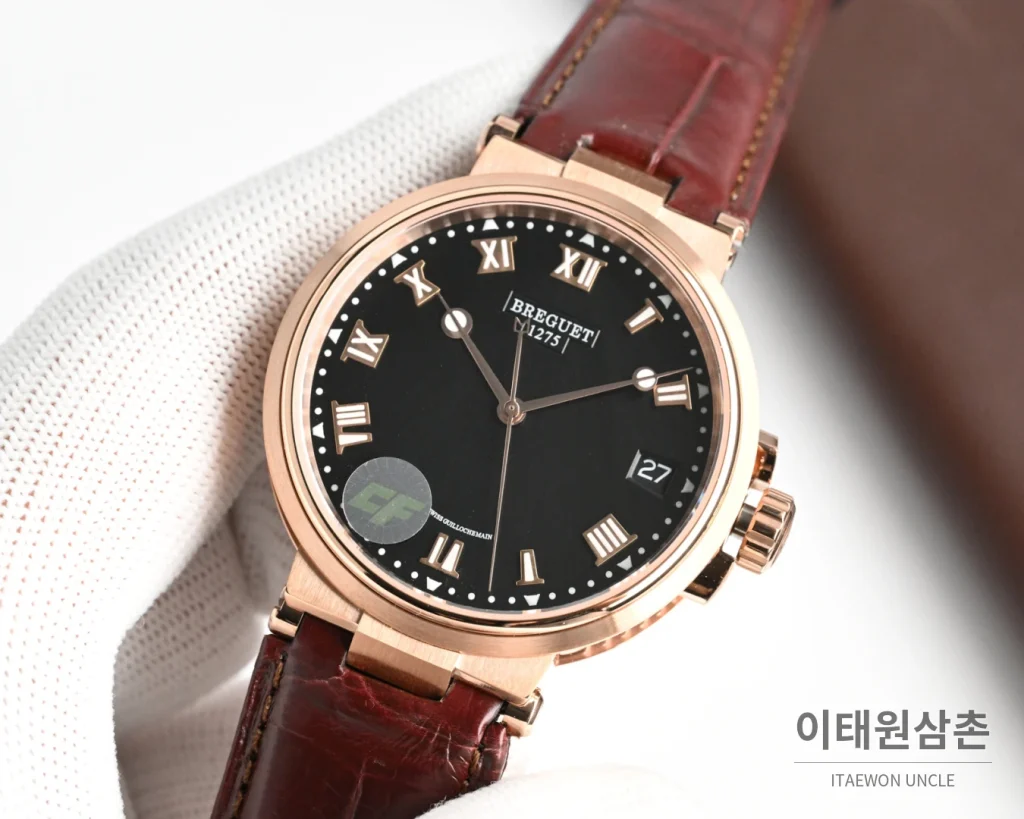 브레게 마린 오토매틱 40mm 블랙 다이얼 버건디 가죽 스트랩 로즈골드 케이스