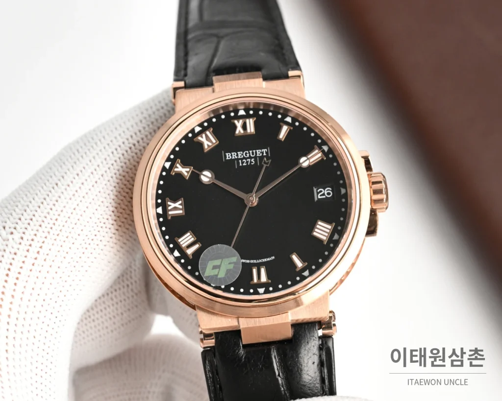 브레게 마린 오토매틱 40mm 블랙 다이얼 블랙 가죽 스트랩 로즈골드 케이스