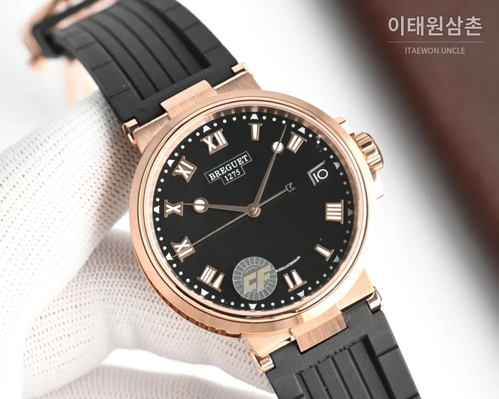 브레게 마린 오토매틱 40mm 네이비 다이얼 네이비 러버 스트랩 로즈골드 베젤