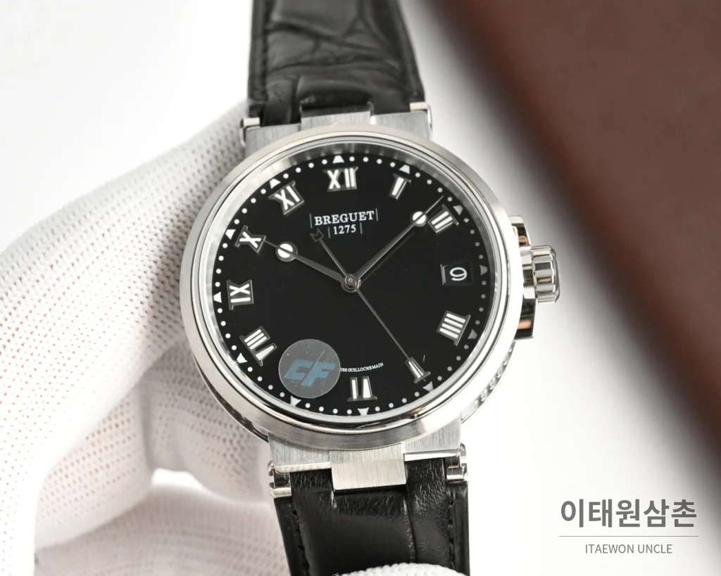 브레게 마린 오토매틱 40mm 블랙 다이얼 블랙 가죽 스트랩