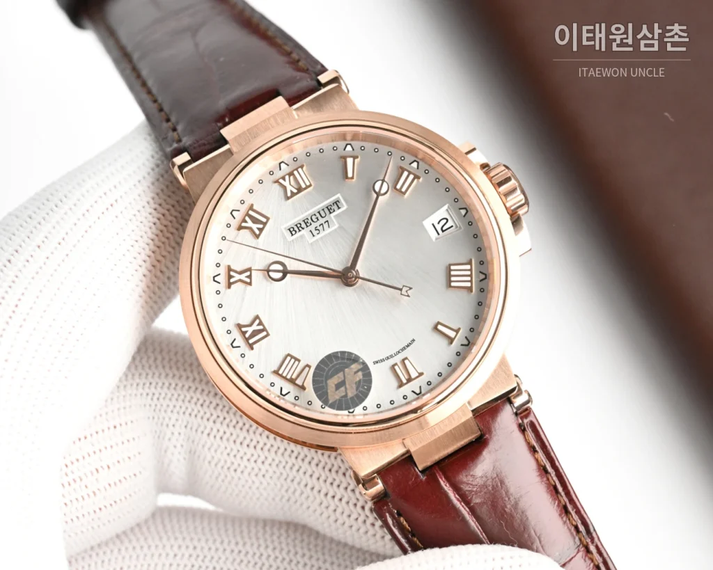 브레게 마린 오토매틱 40mm 블랙 다이얼 버건디 가죽 스트랩 로즈골드 케이스