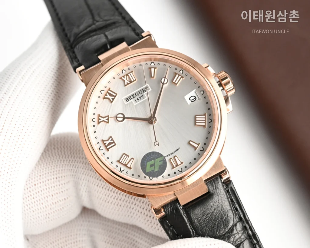 브레게 마린 오토매틱 40mm 블랙 다이얼 블랙 가죽 스트랩 로즈골드 케이스